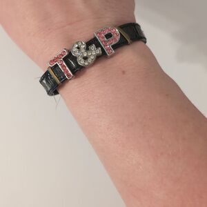807 Black Leather Cuff‎ Bracelet with Pink Silver  Rhinestones T & P